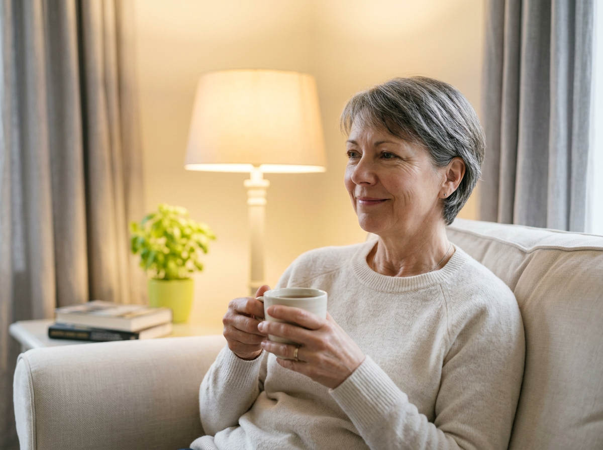 Frau sitzt abends zufrieden mit einer Tasse Tee auf dem Sofa