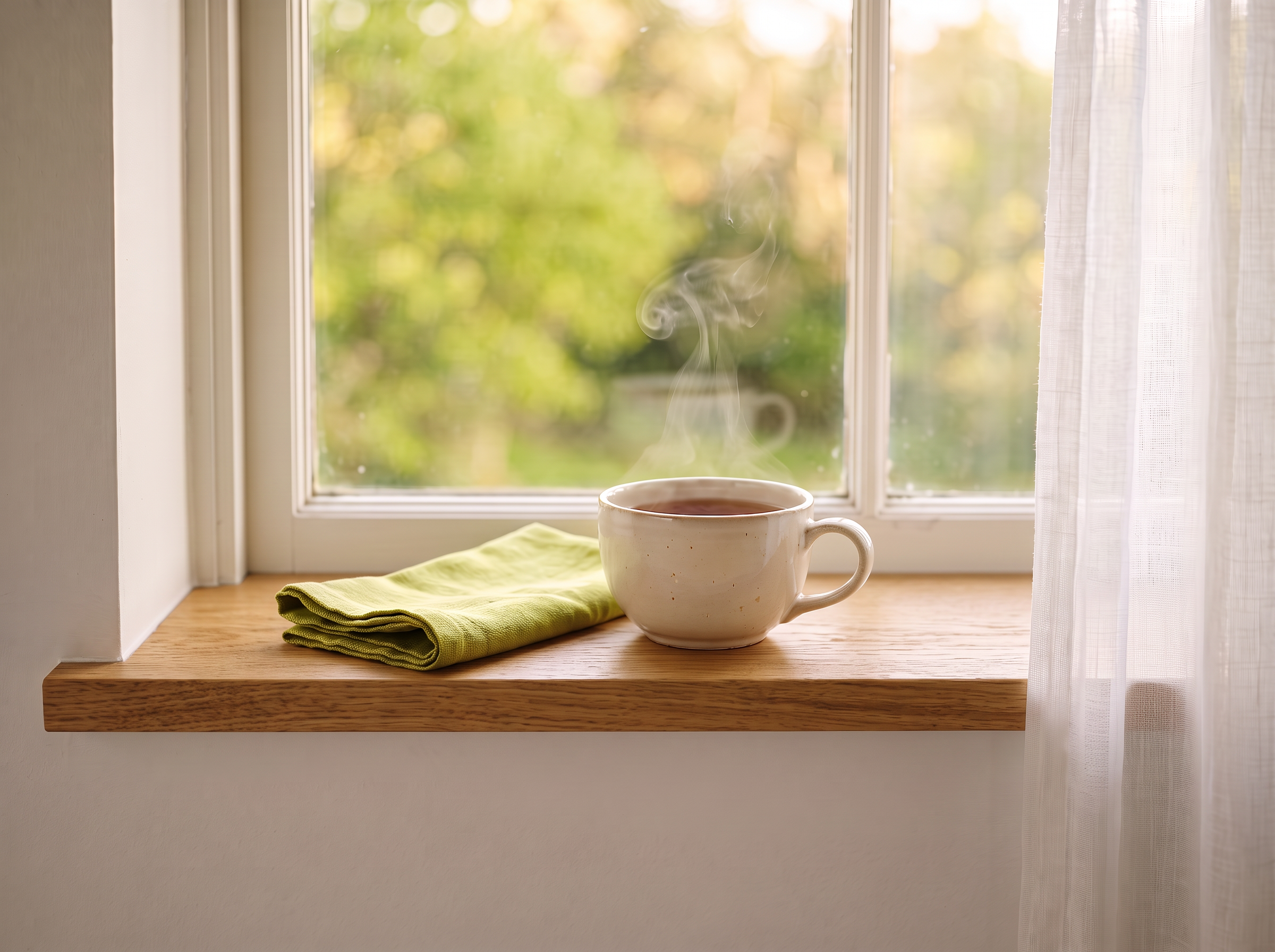 Heißer Tee in einer Tasse auf dem Fensterbrett