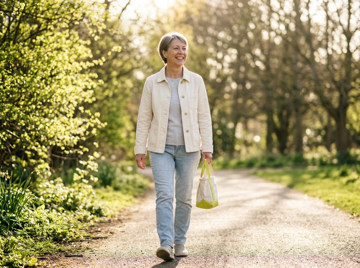 Frau geht in der Sonne spazieren